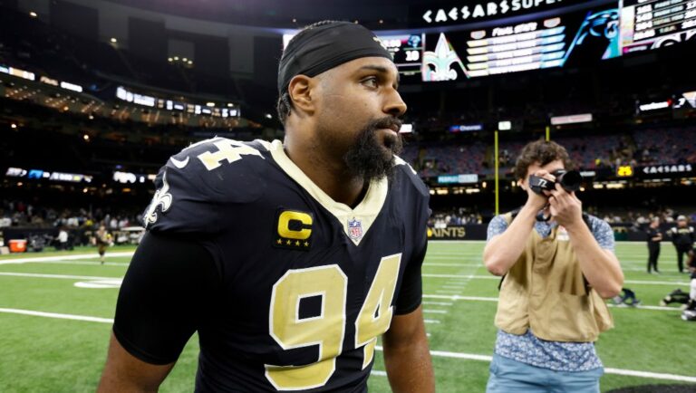 New Orleans Saints defensive end Cameron Jordan (94) after an NFL football game against the Carolina Panthers, Sunday, Jan. 8, 2023, in New Orleans.