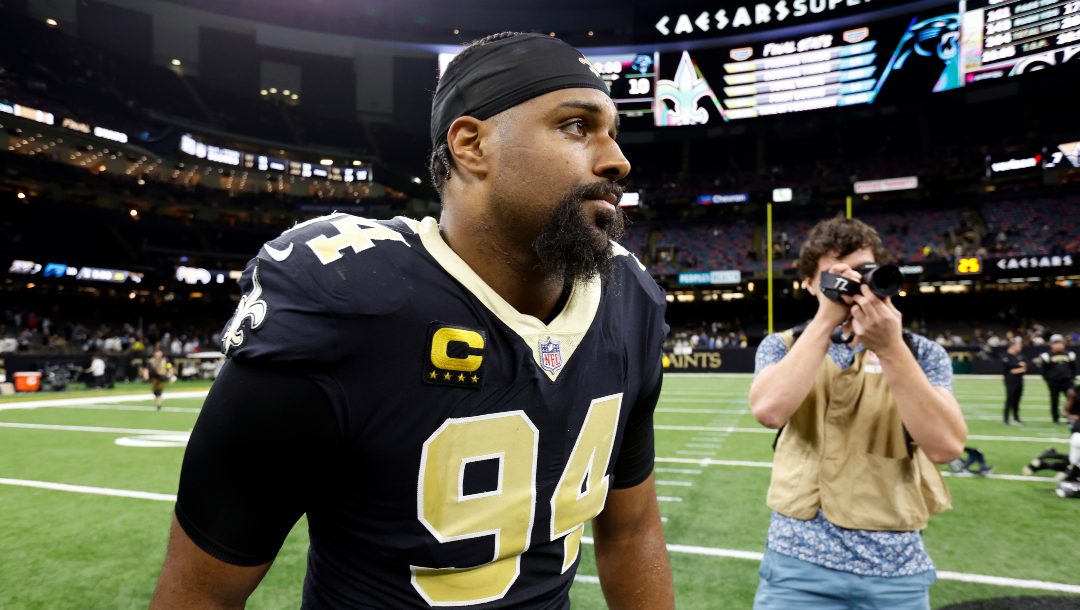 New Orleans Saints defensive end Cameron Jordan (94) after an NFL football game against the Carolina Panthers, Sunday, Jan. 8, 2023, in New Orleans.