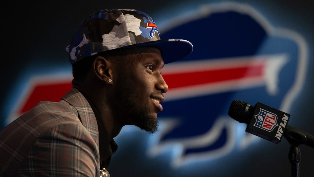 Buffalo Bills first-round draft pick Kaiir Elam speaks during an introductory press conference Saturday, April 29, 2022, in Orchard Park, N.Y.
