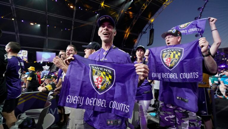 Baltimore Ravens fans celebrate during the 2022 NFL Draft on Thursday, April 28, 2022, in Las Vegas.