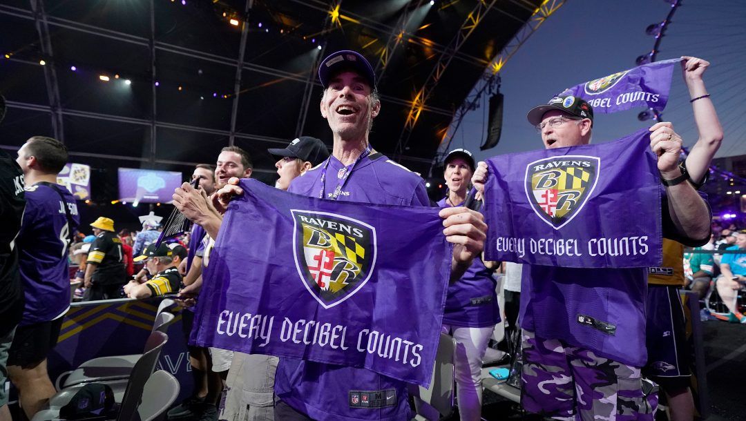 Baltimore Ravens fans celebrate during the 2022 NFL Draft on Thursday, April 28, 2022, in Las Vegas.