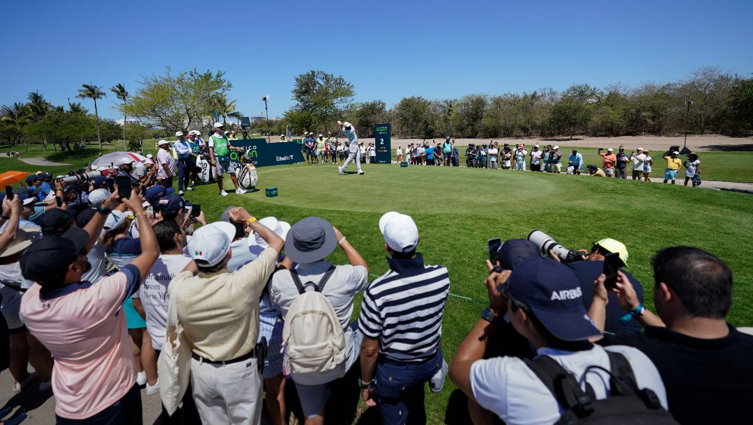 Jon Rahm, of Spain, tees off from the second tee during the third round of the Mexico Open at Vidanta in Puerto Vallarta, Mexico, Saturday, April 30, 2022.
