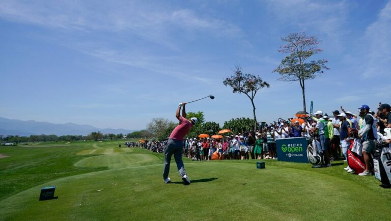 Jon Rahm, of Spain, tees off at the third tee during the final round of the Mexico Open at Vidanta in Puerto Vallarta, Mexico, Sunday, May 1, 2022.