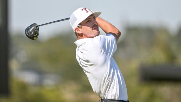 Texas A&M golfer Sam Bennett on the first tee during an NCAA golf tournament on Wednesday, Oct. 5, 2022, in Fayetteville, Ark.
