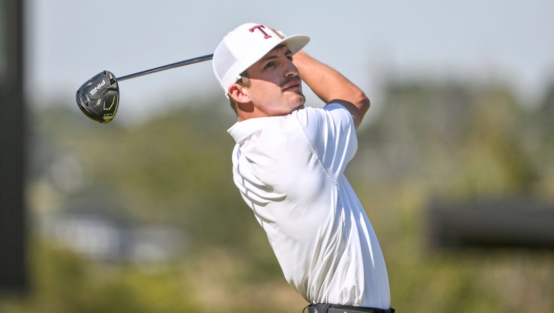 Texas A&M golfer Sam Bennett on the first tee during an NCAA golf tournament on Wednesday, Oct. 5, 2022, in Fayetteville, Ark.