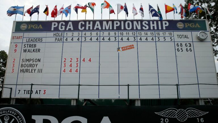 A scoreboard show a weather warning during a weather delay in the third round of the PGA Championship golf tournament at Baltusrol Golf Club in Springfield, N.J., Saturday, July 30, 2016.