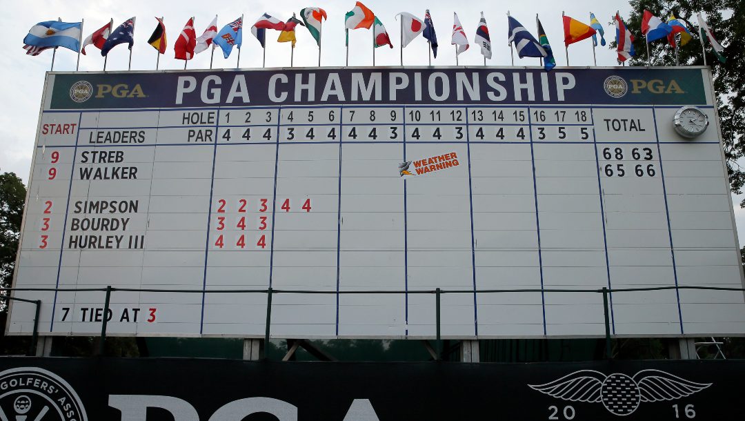 A scoreboard show a weather warning during a weather delay in the third round of the PGA Championship golf tournament at Baltusrol Golf Club in Springfield, N.J., Saturday, July 30, 2016.