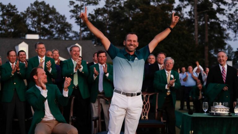 Sergio Garcia, of Spain, on the 18th hole after a playoff at the Masters golf tournament Sunday, April 9, 2017, in Augusta, Ga.