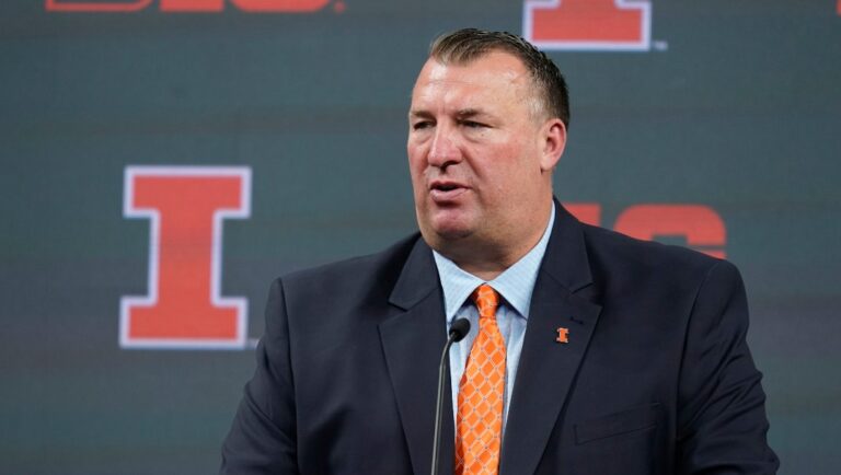 Illinois head coach Bret Bielema talks to reporters during an NCAA college football news conference at the Big Ten Conference media days, at Lucas Oil Stadium, Wednesday, July 27, 2022, in Indianapolis. (AP Photo/Darron Cummings)