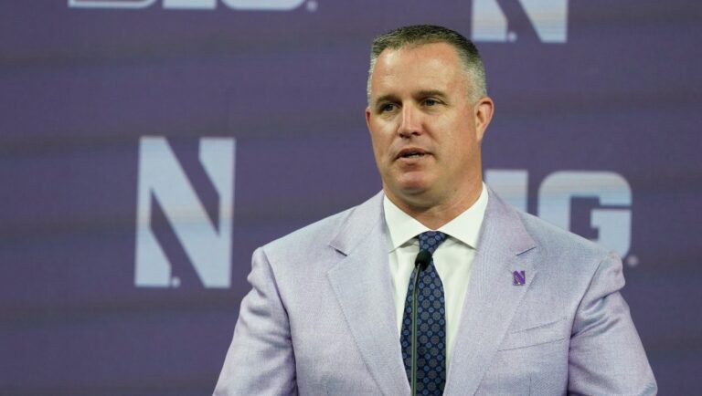 FILE - Northwestern head coach Pat Fitzgerald talks to reporters during an NCAA college football news conference at the Big Ten Conference Media Days at Lucas Oil Stadium, Tuesday, July 26, 2022, in Indianapolis. Northwestern is set to kick off its season on Aug. 27, 2022, against Nebraska. (AP Photo/Darron Cummings, File)