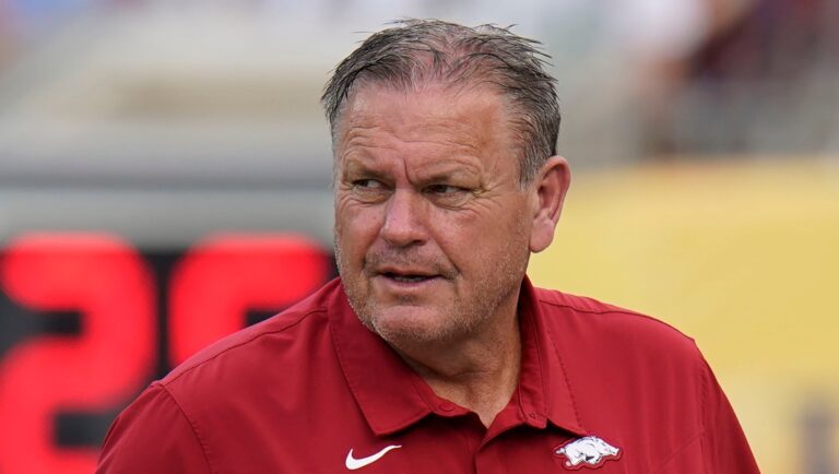 FILE - Arkansas head coach Sam Pittman looks on during the first half of the Outback Bowl NCAA college football game against Penn State, Jan. 1, 2022, in Tampa, Fla. Pittman has the Razorbacks playing in their second straight bowl game with the Liberty Bowl, Wednesday, Dec. 28, 2022. (AP Photo/Chris O'Meara, File)