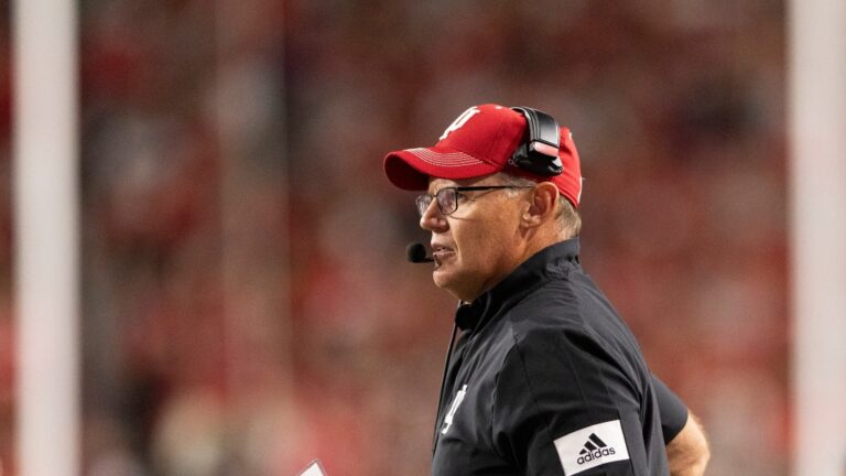 Indiana head coach Tom Allen on the sideline during the second half of an NCAA college football game against Nebraska Saturday, Oct. 1, 2022, in Lincoln, Neb. Nebraska defeated Indiana 35-21. (AP Photo/Rebecca S. Gratz)