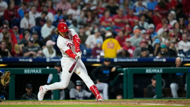 Philadelphia Phillies' Alec Bohm plays during the fourth inning of a baseball game, Tuesday, April 11, 2023, in Philadelphia.