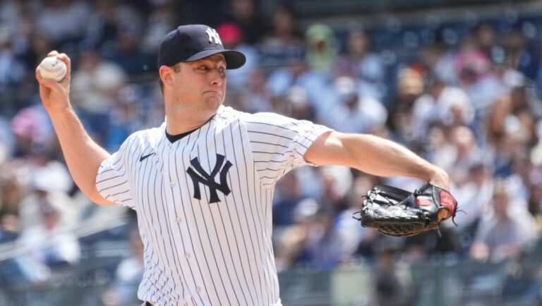 New York Yankees pitcher Gerrit Cole delivers against the Toronto Blue Jays in the first inning of a baseball game, Saturday, April 22, 2023, in New York. (AP Photo/Mary Altaffer)