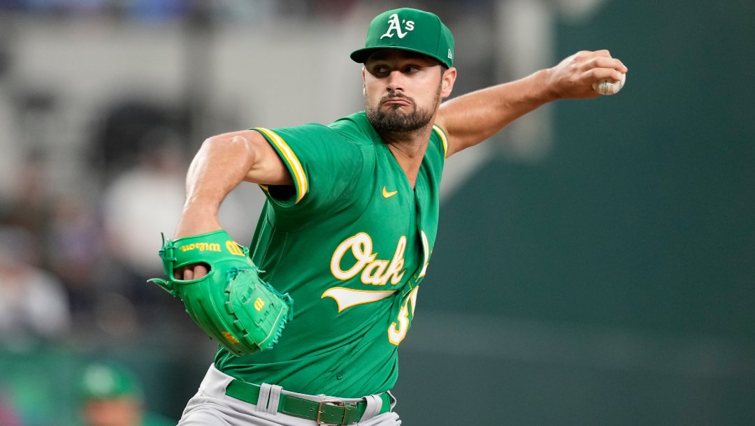 Oakland Athletics starting pitcher Kyle Muller delivers a pitch to the Texas Rangers during the first inning of a baseball game, Sunday, April 23, 2023, in Arlington, Texas.