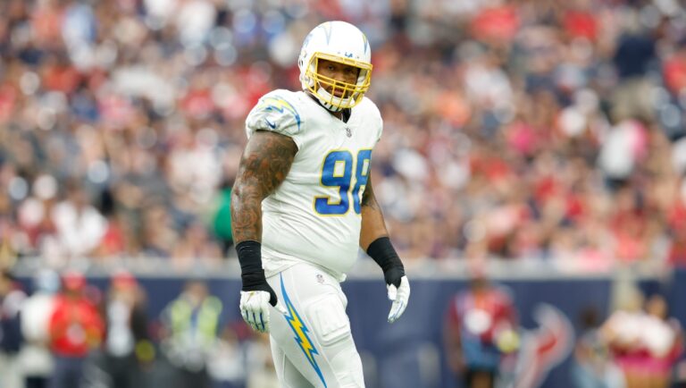 Los Angeles Chargers defensive lineman Austin Johnson (98) during an NFL football game against the Houston Texans on Sunday, October 2, 2022, in Houston. (AP Photo/Matt Patterson)