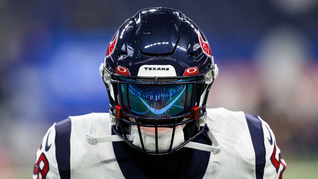 Houston Texans linebacker Christian Kirksey (58) warms up on the field before an NFL football game against the Indianapolis Colts, Sunday, Jan. 8, 2023, in Indianapolis. (AP Photo/Zach Bolinger)