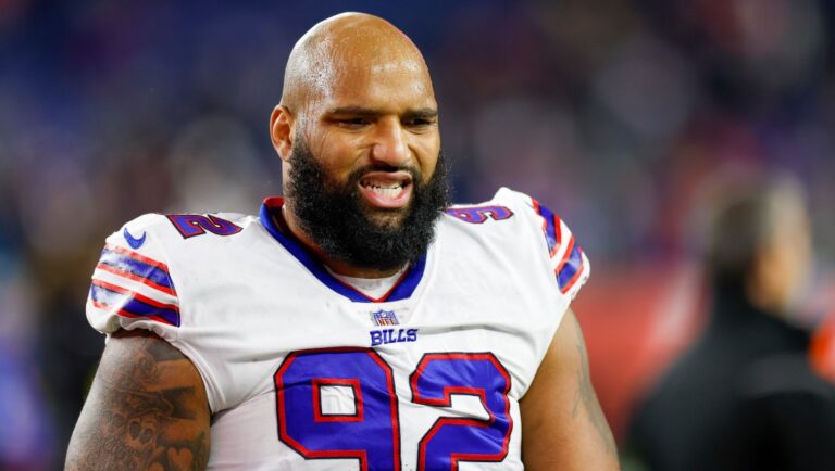 Buffalo Bills defensive tackle DaQuan Jones (92) reacts during the second half of an NFL football game against the New England Patriots, Thursday, Dec. 1, 2022, in Foxborough, Mass. (AP Photo/Greg M. Cooper)