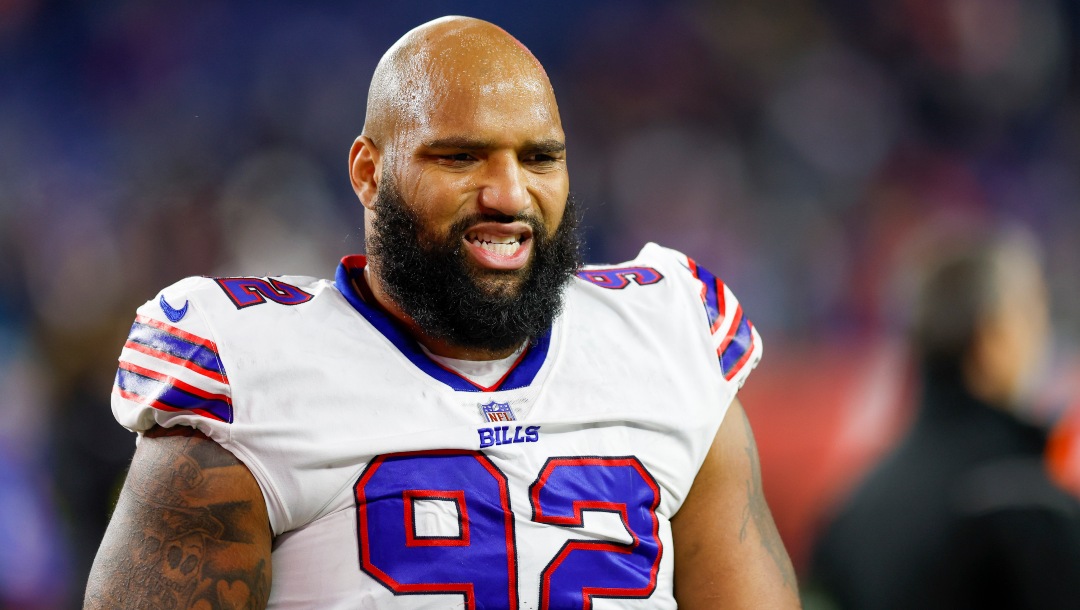 Buffalo Bills defensive tackle DaQuan Jones (92) reacts during the second half of an NFL football game against the New England Patriots, Thursday, Dec. 1, 2022, in Foxborough, Mass. (AP Photo/Greg M. Cooper)