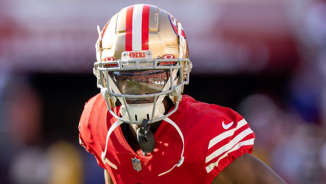 Cornerback (4) Emmanuel Moseley of the San Francisco 49ers warms up before playing against the Los Angeles Rams in an NFL football game, Monday, Oct. 3, 2022, in Santa Clara, Calif. 49ers won 24-9. (AP Photo/Jeff Lewis)