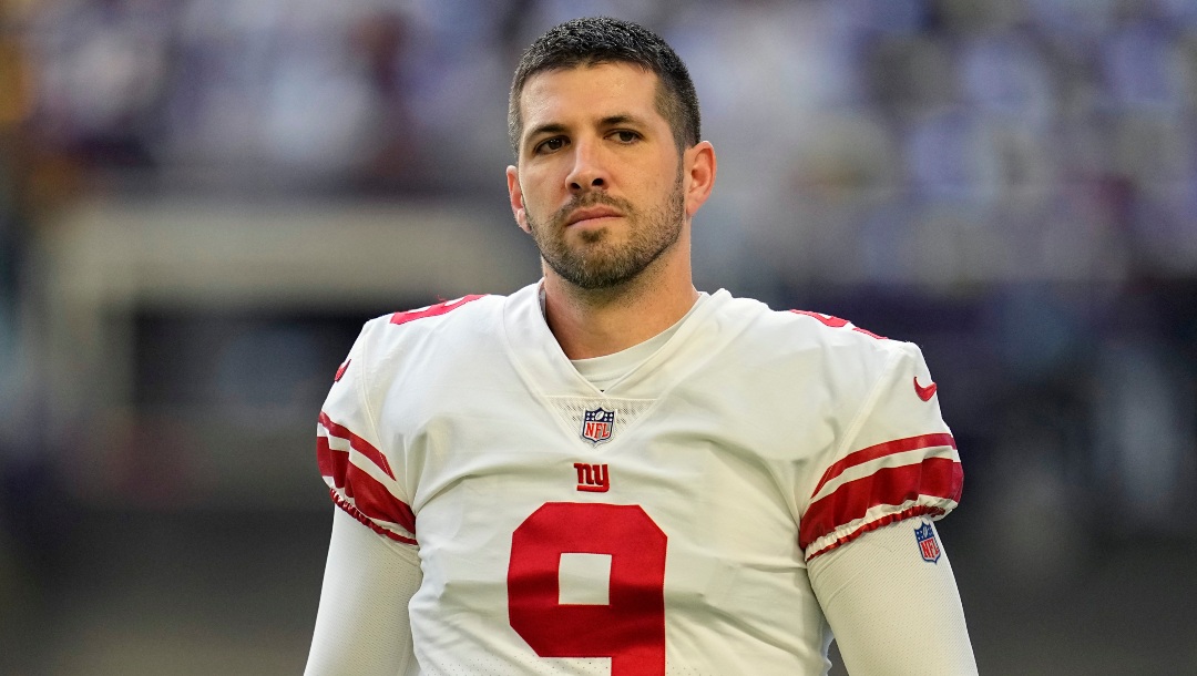 New York Giants place kicker Graham Gano (9) stands on the field before an NFL wild-card football game against the Minnesota Vikings, Sunday, Jan. 15, 2023, in Minneapolis. (AP Photo/Abbie Parr)
