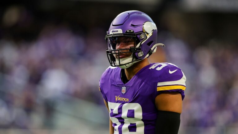 Minnesota Vikings linebacker Jordan Hicks (58) warms up before an NFL wild-card football game against the New York Giants, Sunday, Jan. 15, 2023 in Minneapolis. (AP Photo/Stacy Bengs)