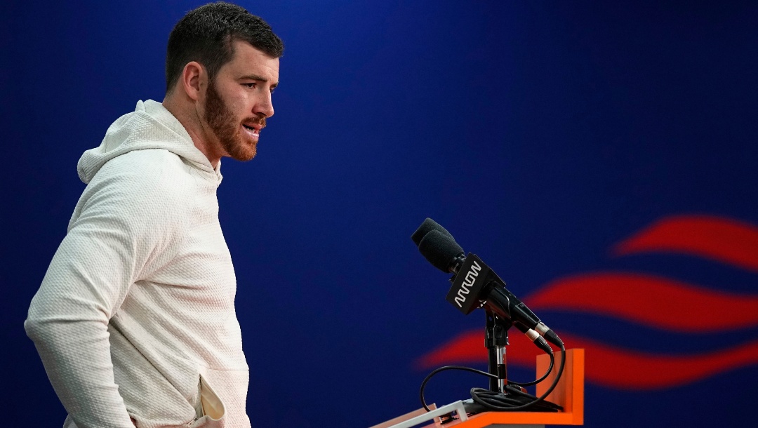 Denver Broncos linebacker Josey Jewell talks during a news conference following an NFL football game against the Kansas City Chiefs, Sunday, Dec. 11, 2022, in Denver.
