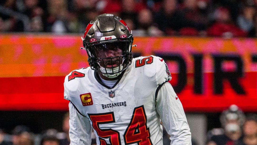 Tampa Bay Buccaneers linebacker Lavonte David (54) lines up during the first half of an NFL football game against the Atlanta Falcons, Sunday, Jan. 8, 2023, in Atlanta. The Atlanta Falcons won 30-17. (AP Photo/Danny Karnik)