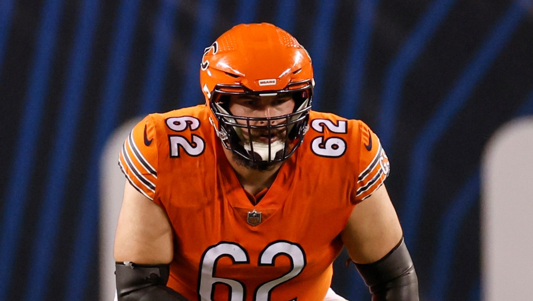 Chicago Bears guard Lucas Patrick (62) looks on during the first half of an NFL football game against the Washington Commanders, Thursday, Oct. 13, 2022, in Chicago. (AP Photo/Kamil Krzaczynski)