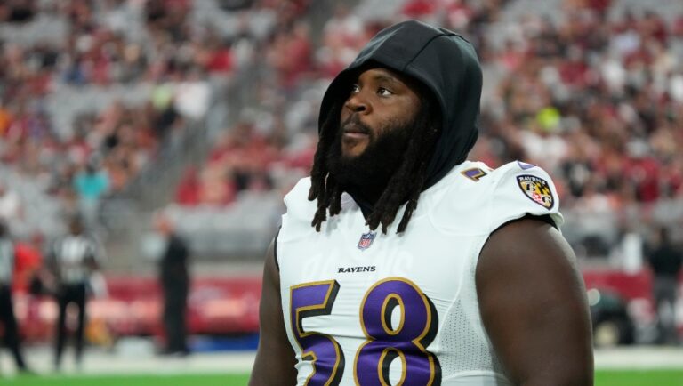 Baltimore Ravens defensive tackle Michael Pierce (58) during the first half of an NFL preseason football game against the Arizona Cardinals, Sunday, Aug. 21, 2022, in Glendale, Ariz. (AP Photo/Rick Scuteri)