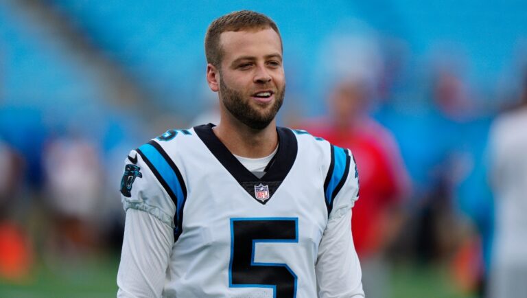 Carolina Panthers place kicker Zane Gonzalez watches during warm ups before an NFL preseason football game against the Buffalo Bills on Friday, Aug. 26, 2022, in Charlotte, N.C. (AP Photo/Jacob Kupferman)