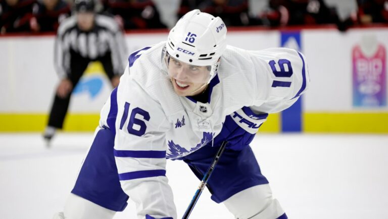 Toronto Maple Leafs right wing Mitchell Marner (16) waits for a face-off during an NHL hockey game against the Carolina Hurricanes, Saturday, March 25, 2023, in Raleigh, N.C.