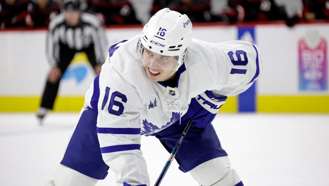 Toronto Maple Leafs right wing Mitchell Marner (16) waits for a face-off during an NHL hockey game against the Carolina Hurricanes, Saturday, March 25, 2023, in Raleigh, N.C.