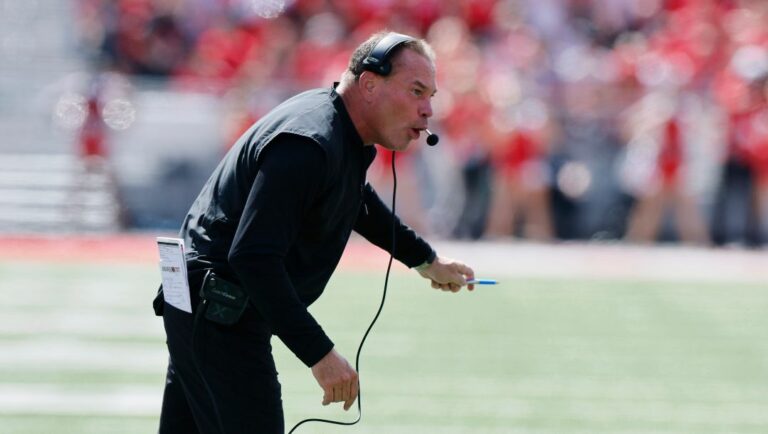Arkansas State head coach Butch Jones instructs his team against Ohio State during the first half of an NCAA college football game Saturday, Sept. 10, 2022, in Columbus, Ohio.