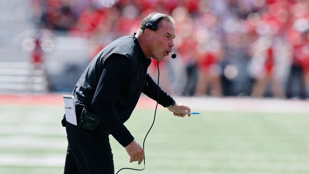 Arkansas State head coach Butch Jones instructs his team against Ohio State during the first half of an NCAA college football game Saturday, Sept. 10, 2022, in Columbus, Ohio.