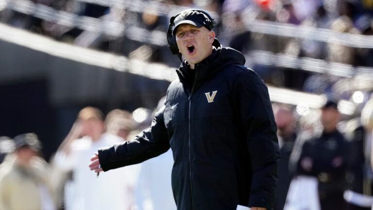 Vanderbilt head coach Clark Lea argues a call in the first half of an NCAA college football game against Florida Saturday, Nov. 19, 2022, in Nashville, Tenn.