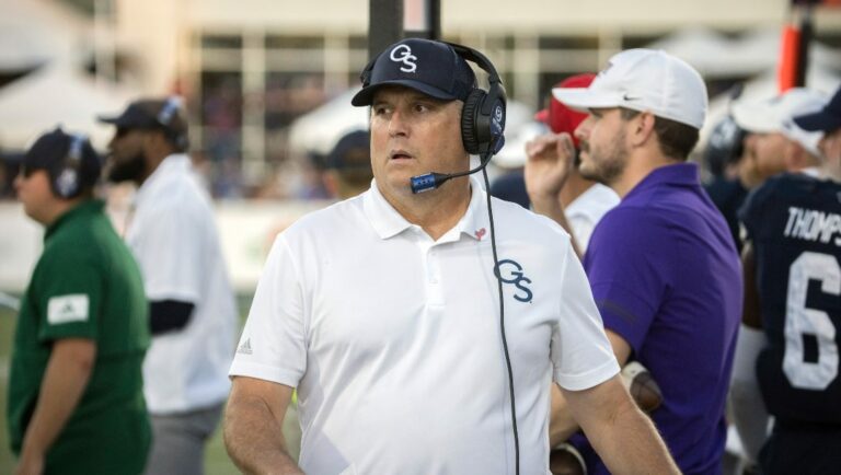 Georgia Southern head coach Clay Helton paces the sidelines during the second half of an NCAA football game James Madison, Saturday, Oct. 15, 2022, in Statesboro, Ga.