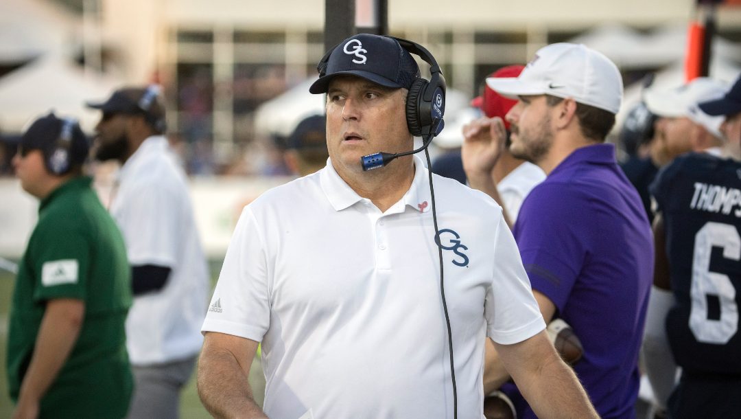 Georgia Southern head coach Clay Helton paces the sidelines during the second half of an NCAA football game James Madison, Saturday, Oct. 15, 2022, in Statesboro, Ga.