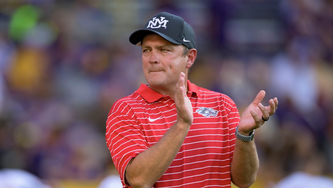 New Mexico head coach Danny Gonzales walks the field during an NCAA football game against LSU on Saturday, Sept. 24, 2022, in New Orleans.