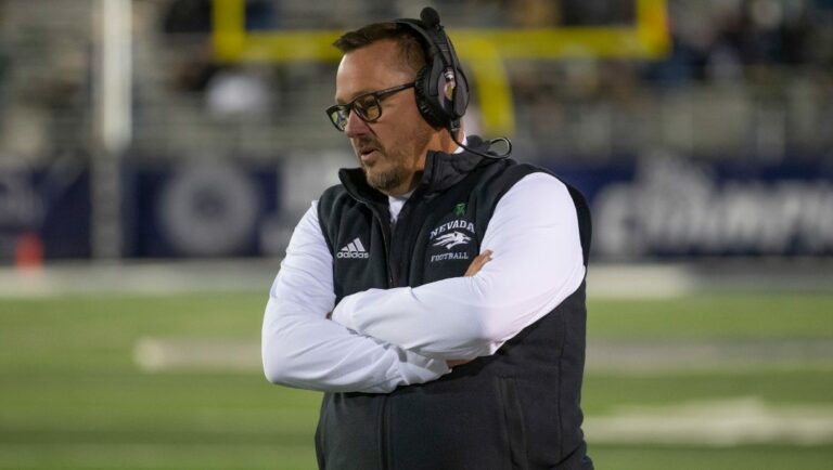 Nevada head coach Ken Wilson on the sidelines against San Diego State in the first half of an NCAA college football game in Reno, Nev., Saturday, Oct. 22, 2022.