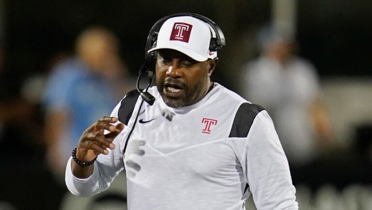 Temple coach Stan Drayton paces the sideline during the first half of the team's NCAA college football game against Central Florida, Thursday, Oct. 13, 2022, in Orlando, Fla.