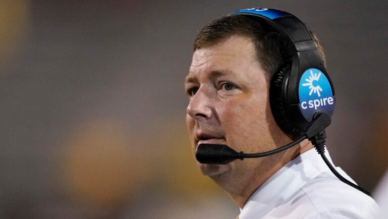 Southern Mississippi coach Will Hall reacts to a play during the second half of the team's NCAA college football game against Northwestern State in Hattiesburg, Miss., Saturday, Sept. 17, 2022. Southern Mississippi won 64-10.