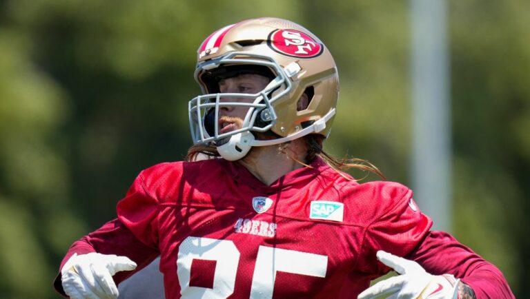 San Francisco 49ers tight end George Kittle reacts during NFL football practice Tuesday, May 23, 2023, in Santa Clara, Calif.