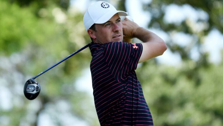Jordan Spieth watches his shot off the third tee box during the third round of the Charles Schwab Challenge golf tournament at the Colonial Country Club, Saturday, May 28, 2022, in Fort Worth, Texas.
