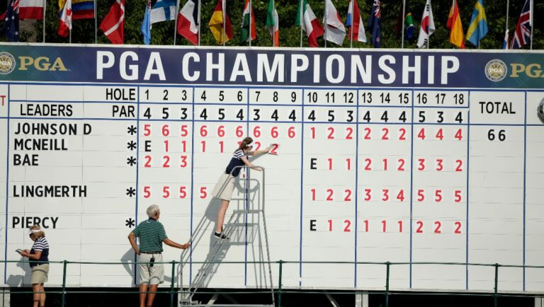 The leaderboard on the 18th hole during the first round of the PGA Championship golf tournament Thursday, Aug. 13, 2015, at Whistling Straits in Haven, Wis.