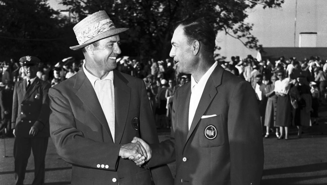 Sam Snead, left, shakes hands with Ben Hogan after Snead won the Masters in Augusta, Ga., April 12, 1954.