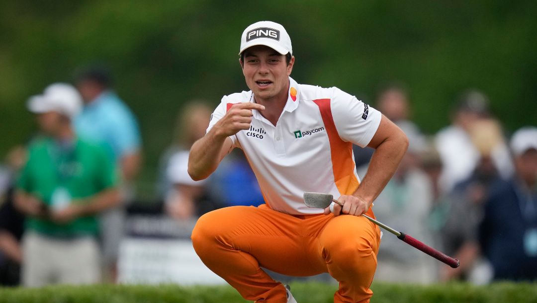 Viktor Hovland, of Norway, lines up a putt on the 15th hole during the second round of the PGA Championship golf tournament at Oak Hill Country Club on Friday, May 19, 2023, in Pittsford, N.Y.
