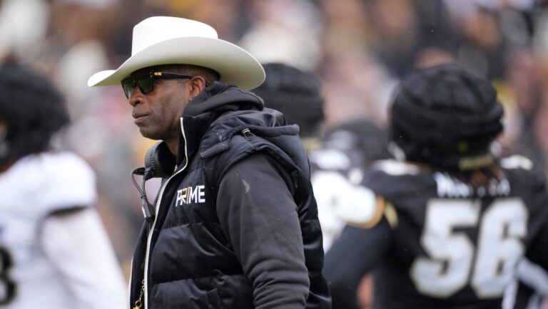 Colorado head coach Deion Sanders in the first half of the team's spring practice NCAA college football game Saturday, April 22, 2023, in Boulder, Colo. (AP Photo/David Zalubowski)