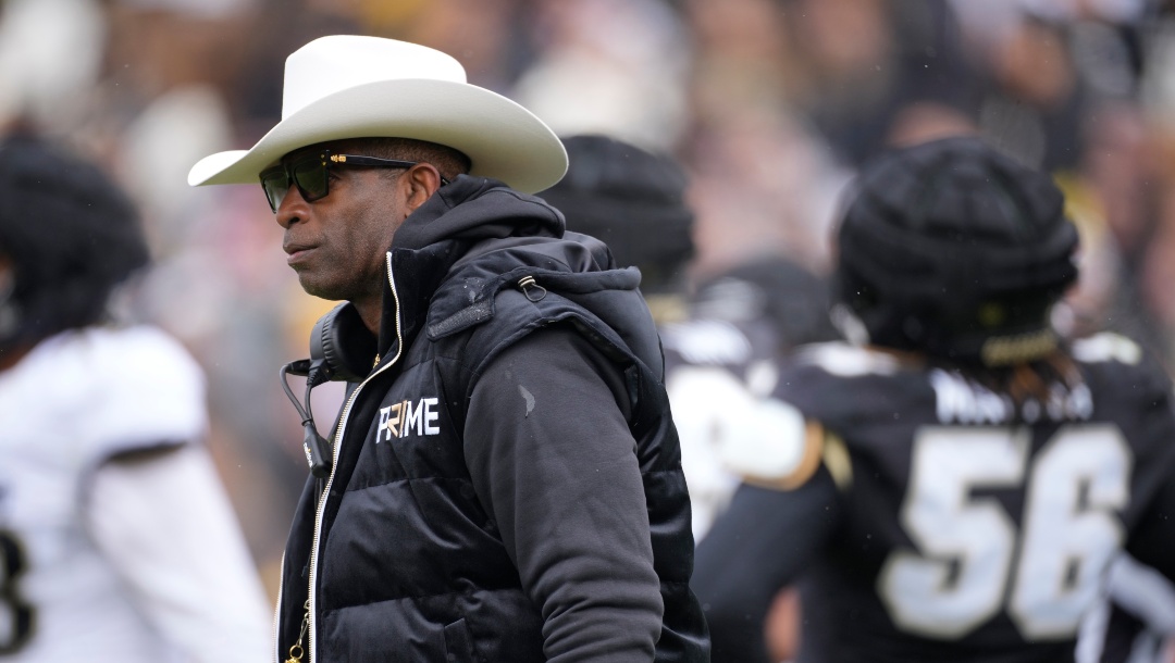 Colorado head coach Deion Sanders in the first half of the team's spring practice NCAA college football game Saturday, April 22, 2023, in Boulder, Colo. (AP Photo/David Zalubowski)