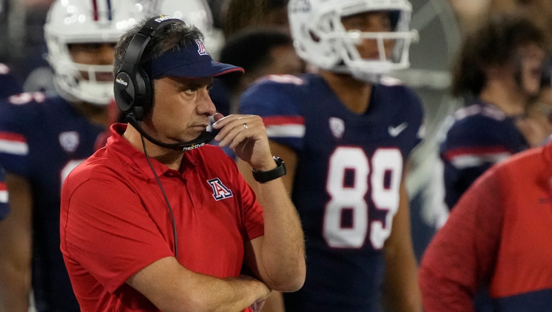 Arizona head coach Jedd Fisch in the first half during an NCAA college football game against Colorado, Saturday, Oct. 1, 2022, in Tucson, Ariz. (AP Photo/Rick Scuteri)